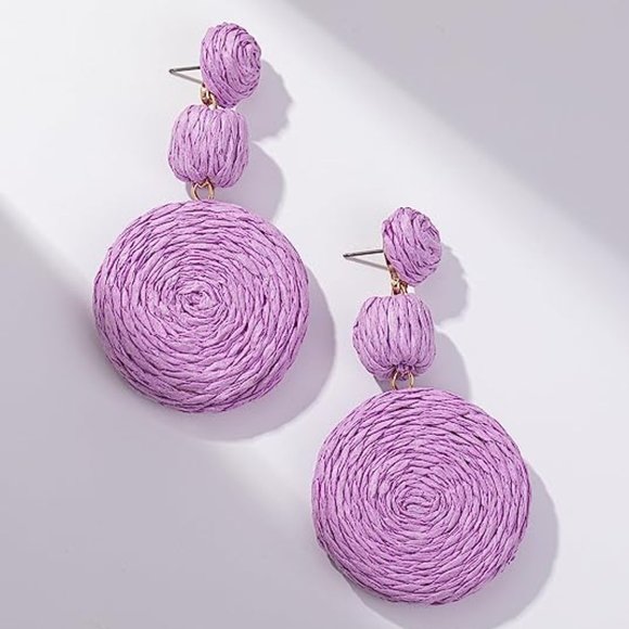 Lavender Wicker Earrings Rattan Bold Dangle 80s 90s Beach Summer Raffia New - Picture 2 of 9